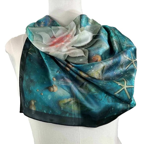 Goldfish Pond & Lotus Flower Square Pure Silk Scarf - Picture 4 of 10